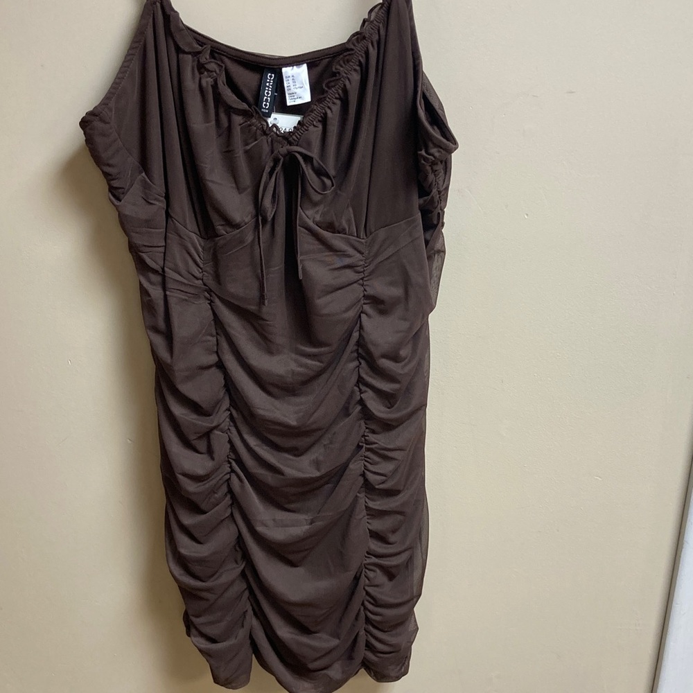 Divided Brown Ruched Spaghetti Strap Dress